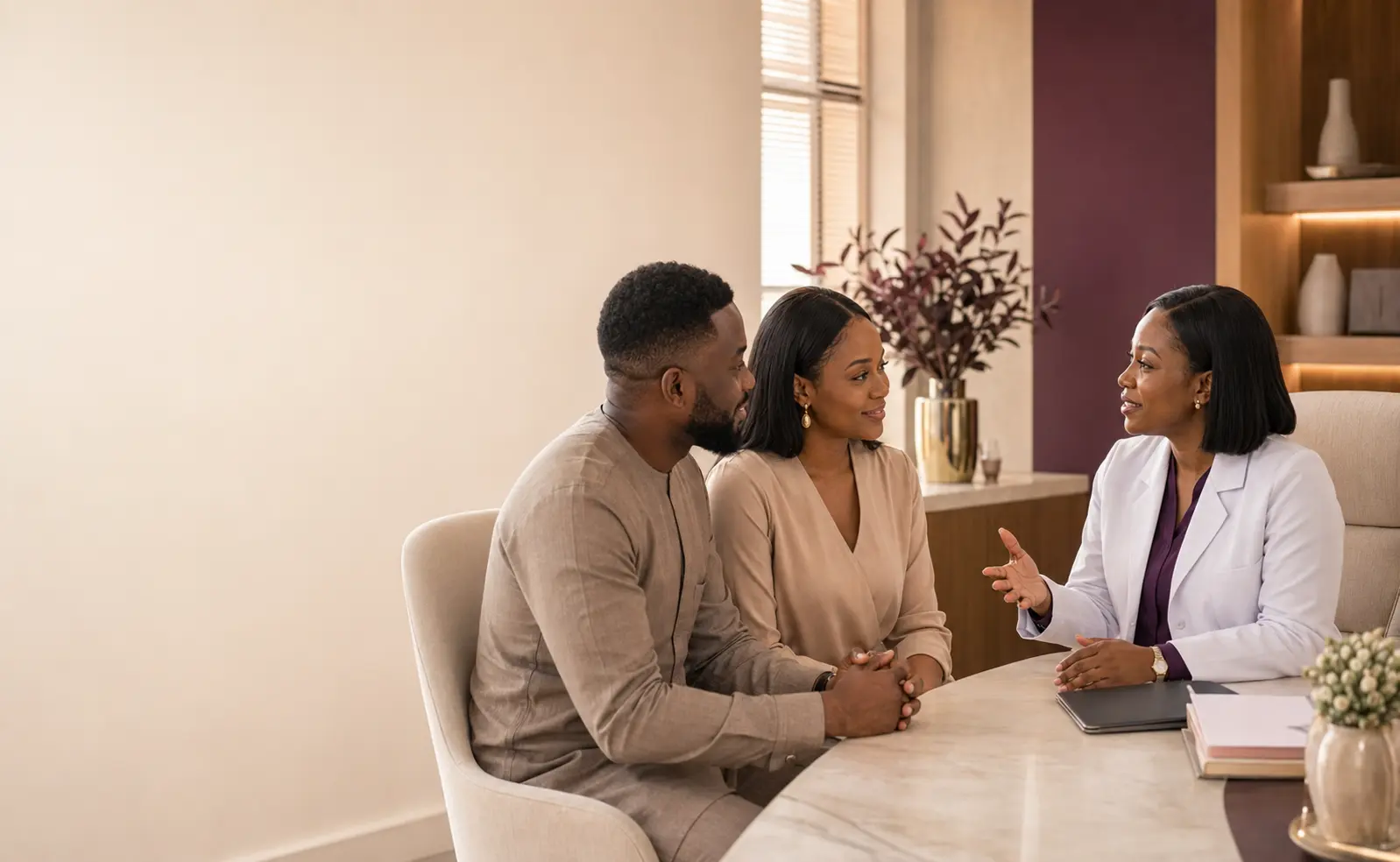 A couple in a calm consultation with a fertility specialist